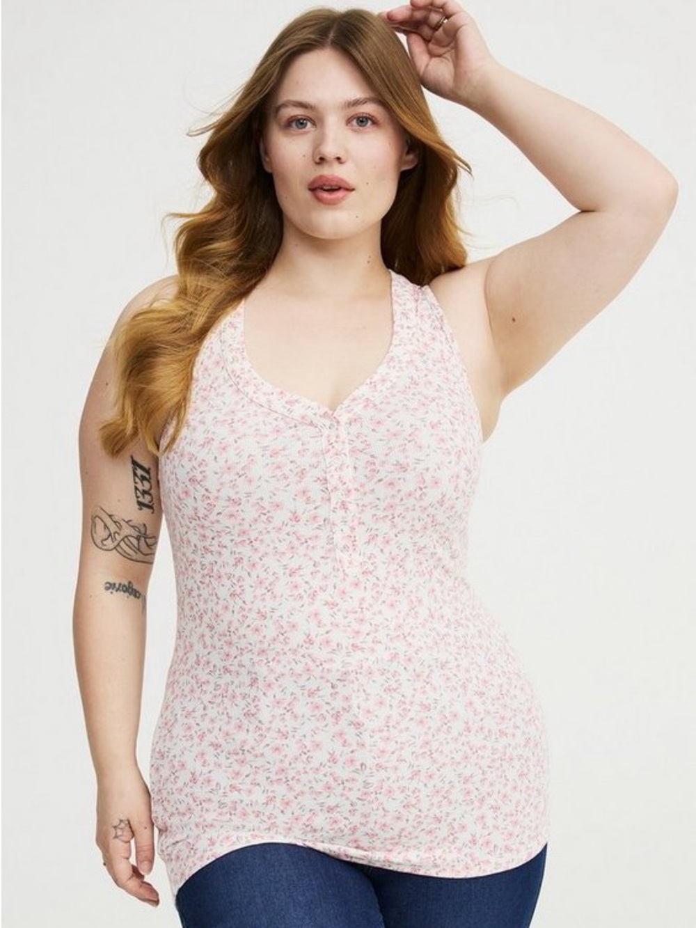 Torrid cotton modal curved Henley tank top - Danielle Ditsy livory